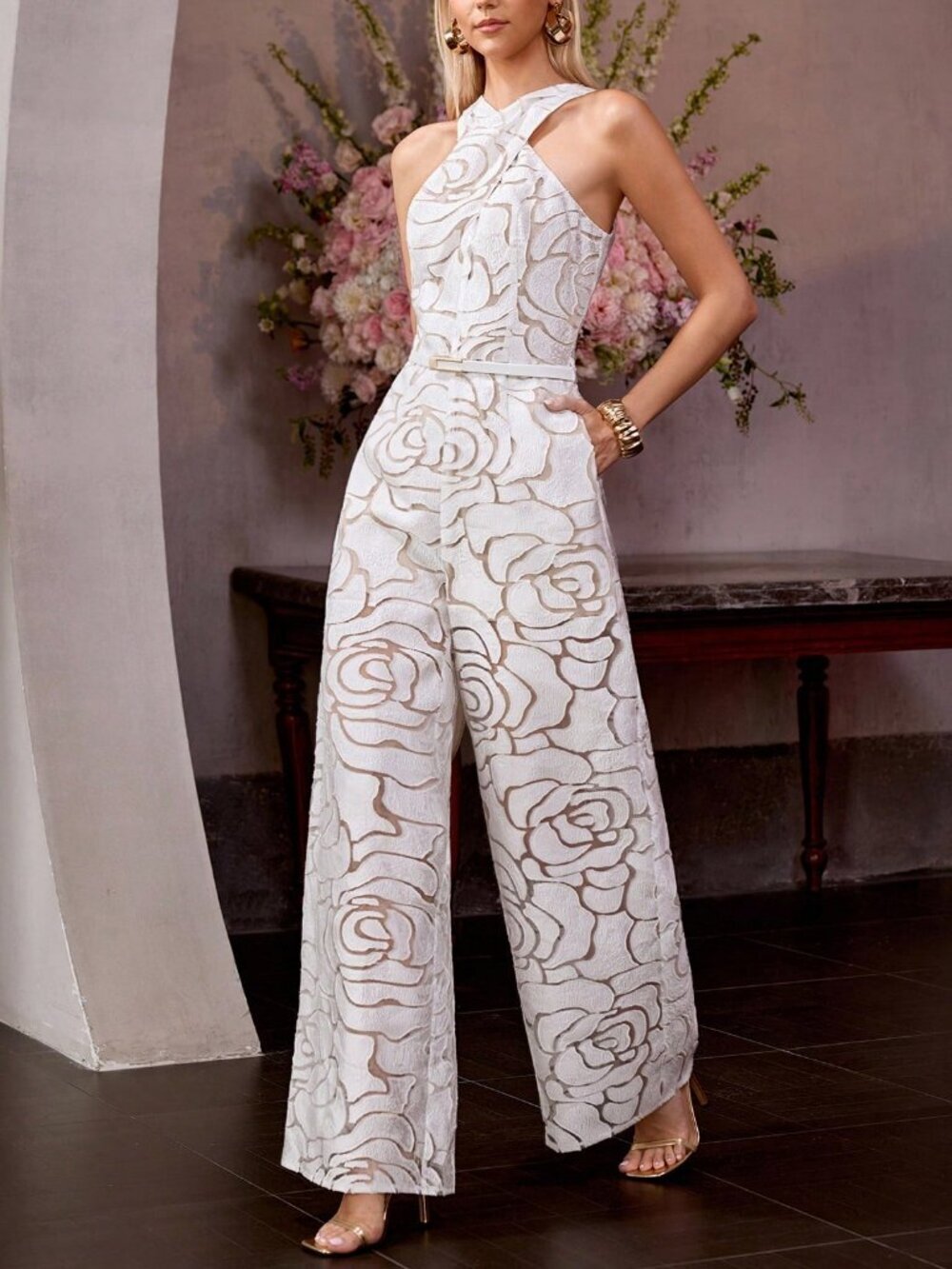 White Elegant Waist-Cinched Slimming Floral Cross-neck Design Women's Jumpsuit